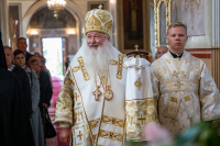 В день отдания праздника Преображения Господня и день памяти святителя Тихона Задонского митрополит Орловский и Болховский Тихон совершил Божественную литургию в Ахтырском кафедральном соборе города Орла. 26 августа 2023 г.