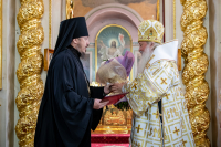 В день отдания праздника Преображения Господня и день памяти святителя Тихона Задонского митрополит Орловский и Болховский Тихон совершил Божественную литургию в Ахтырском кафедральном соборе города Орла. 26 августа 2023 г.