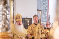 В канун дня памяти священноисповедника Георгия Коссова митрополит Орловский и Болховский Тихон возглавил всенощное бдение в Спасо-Преображенском соборе города Болхова. 8 декабря 2023 г.